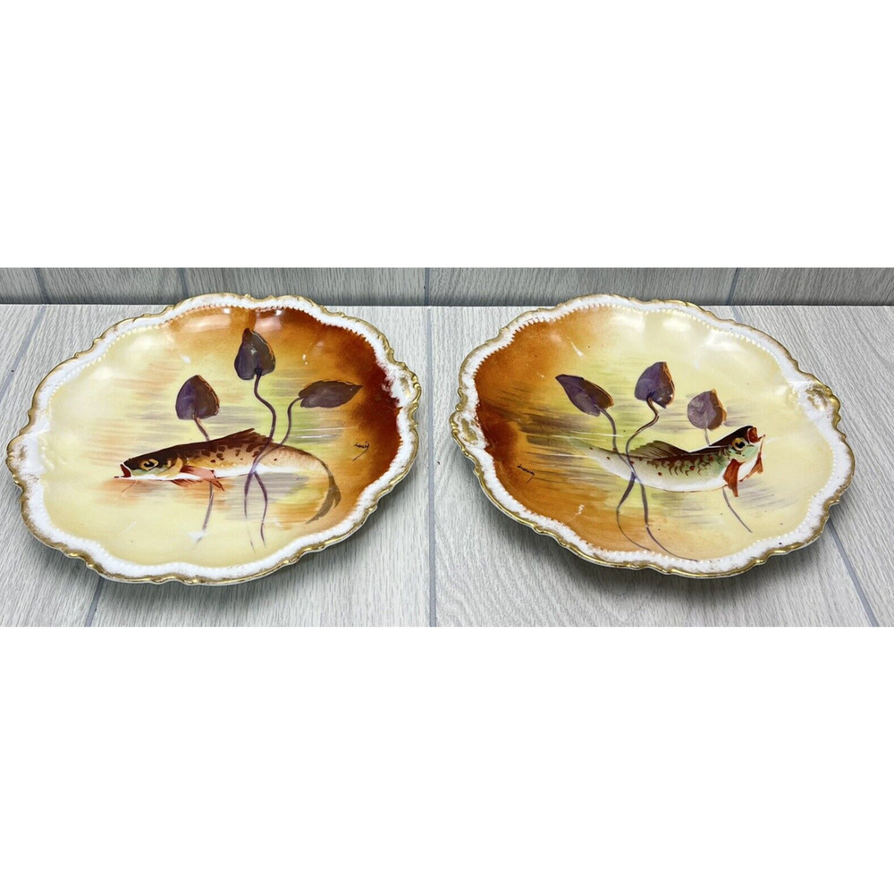Hand Painted Limoges Comte D'artois France‎ Fish Plates Gold Trimmed Signed READ